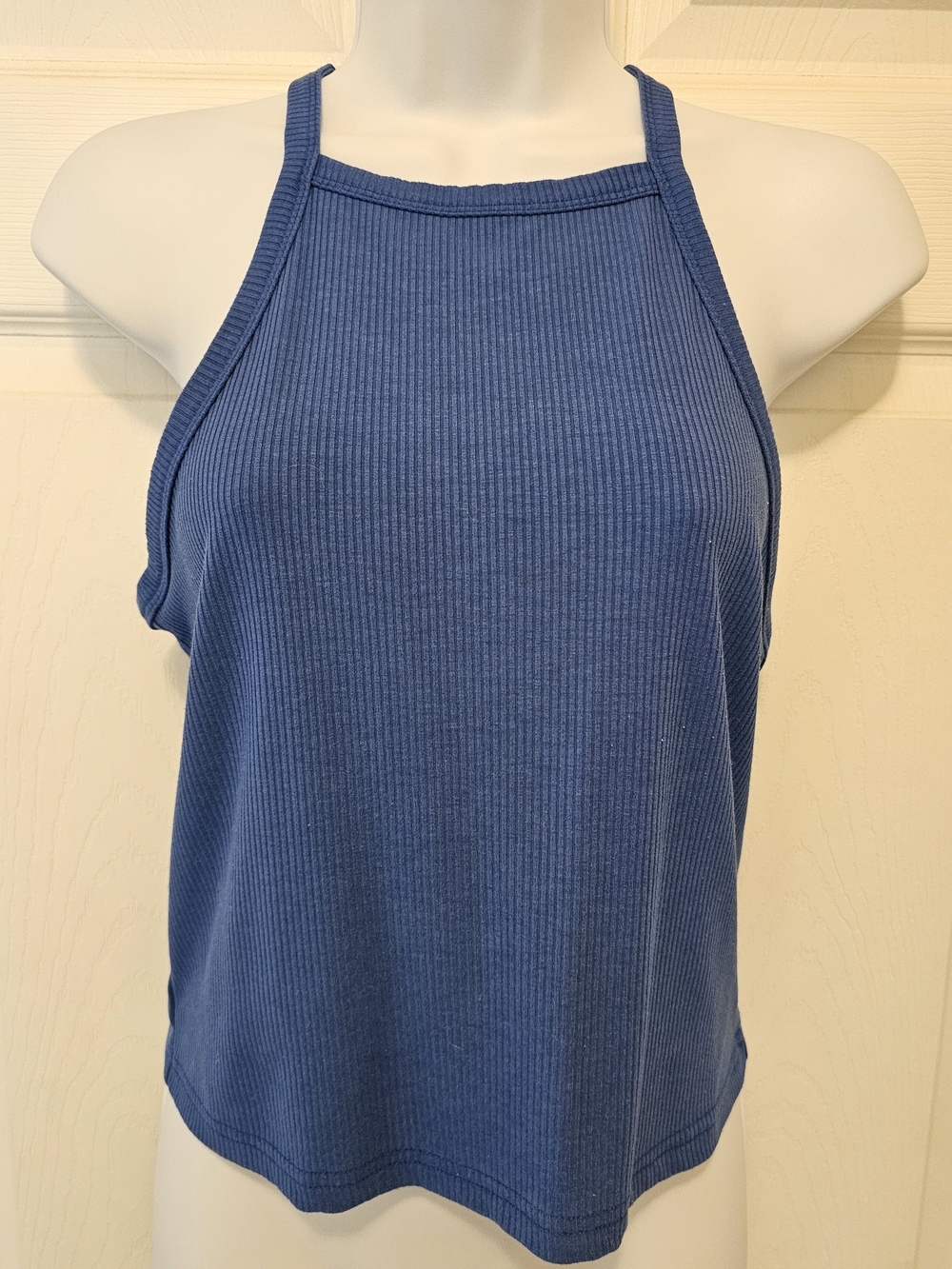 Blue Ribbed High Neck Racerback Crop Tank Top Size Large